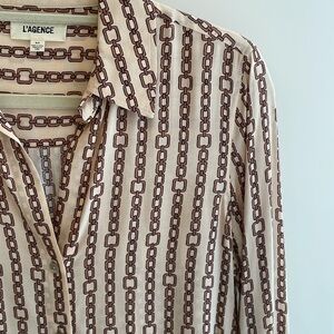 L’Agence Dani Silk Blouse in Pale Pink and Brown Chain Print
